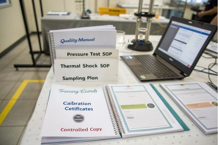 Quality control documents and SOP manuals for glass bottle testing and compliance.