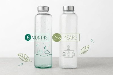 Two clear bottles comparing 6 months versus 2-3 years reuse lifespan graphic