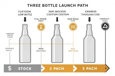 Diagram comparing three bottle launch paths: stock, semi-custom, and fully custom production