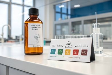 Amber pharmaceutical bottle with quality icons card and lab glassware on counter