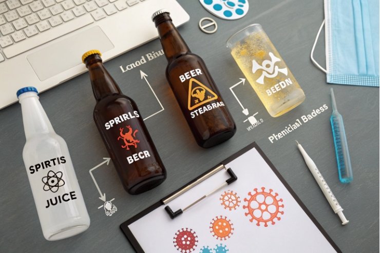 Beer and spirits bottles with safety icons on desk for packaging compliance
