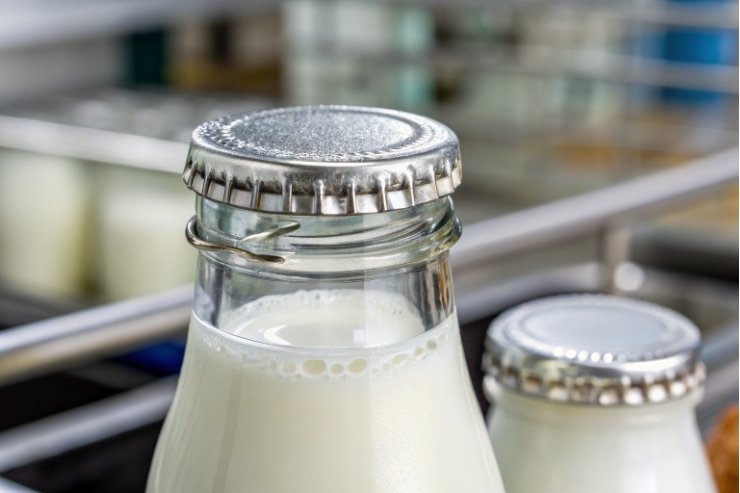 Close-up of crown cap sealed glass milk bottle showing freshness and condensation