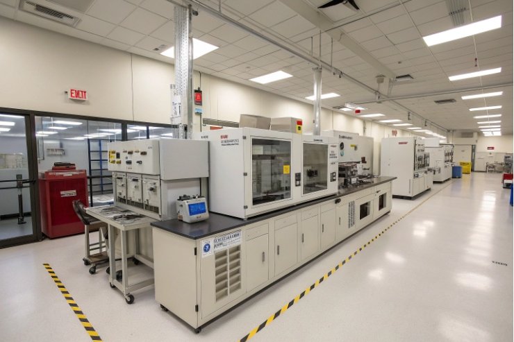 Quality control laboratory with automated glass bottle testing equipment and cleanroom layout.