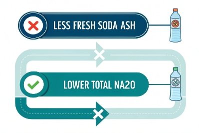 Infographic comparing soda ash usage and lower total Na2O for improved glass quality control