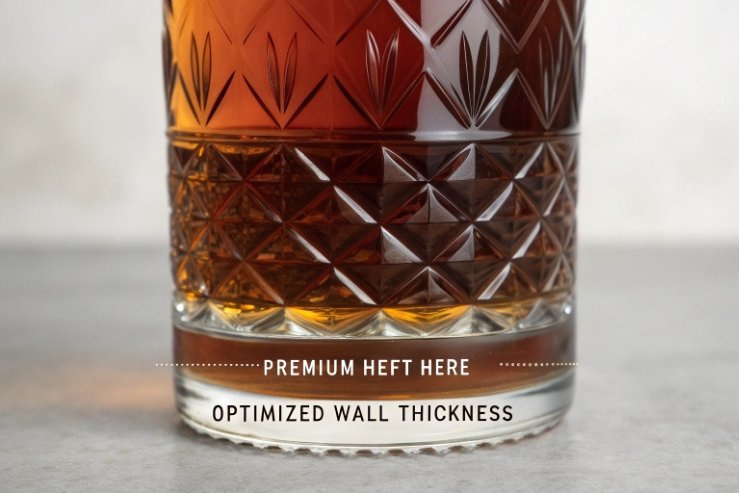 Close up of cut glass tumbler showing premium base and optimized wall thickness