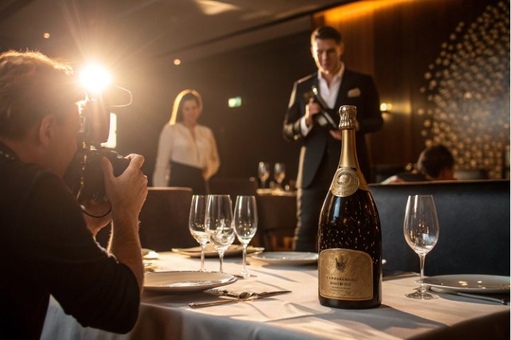 Champagne bottle photographed on fine dining table with wine glasses in luxury restaurant.