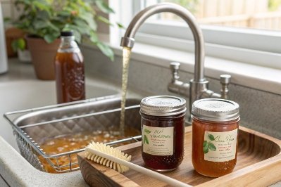 Washing labeled glass jam jars at kitchen sink, highlighting reuse and cleaning