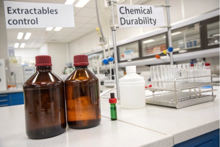 QA lab setup with amber reagent bottles for extractables control and chemical durability.