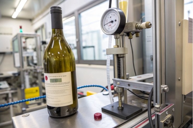 Large green wine bottle undergoing pressure test with gauge in quality lab.