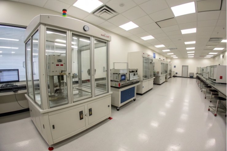 Quality control laboratory with glass bottle testing equipment in cleanroom production facility