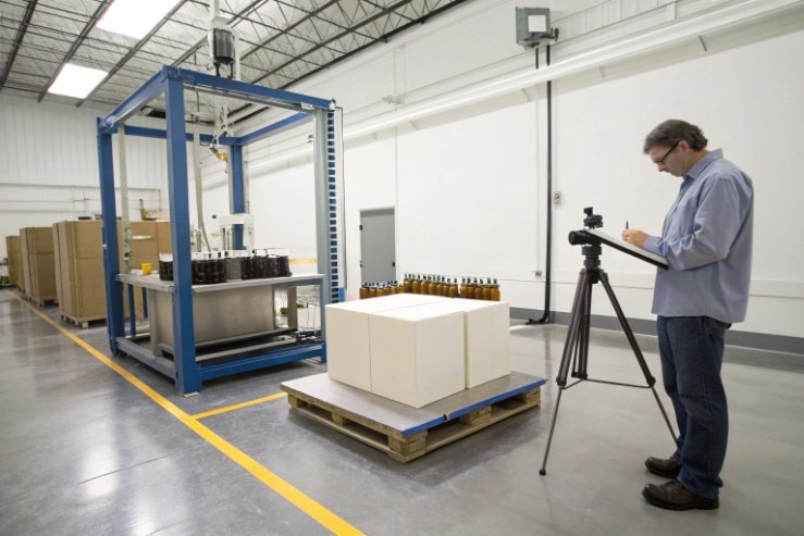 Inspector recording pallet packaging test with camera beside case packing machine