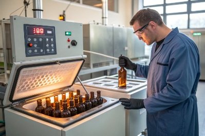 Factory quality inspection of amber glass bottles using heated test chamber equipment