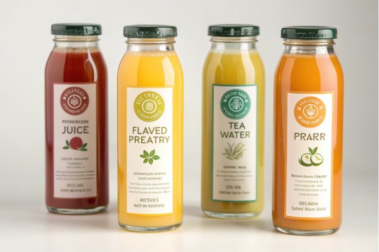 Assorted juice and tea drinks in clear glass bottles with green caps