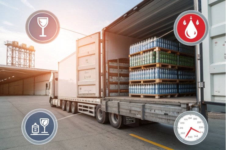 Palletized bottles loaded into truck container with handling and pressure safety icons.