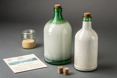 Green glass bottles with corks and sample jar showing recycled glass cullet content