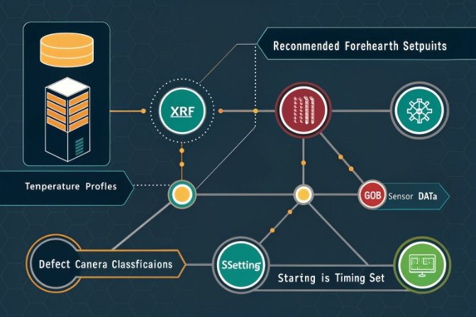 Forehearth monitoring system diagram linking XRF, sensors, and defect camera classifications.