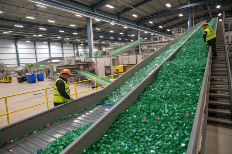 Green glass cullet moving on recycling conveyor with workers monitoring sorting process.