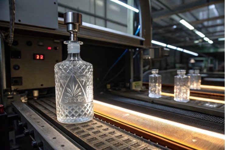 Embossed crystal decanter on conveyor under inspection head with more bottles behind.