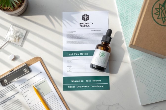 Traceability records and migration test report with lead-free dropper bottle on desk