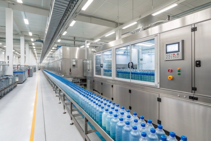 Water bottles with blue caps on high-speed filling and capping line