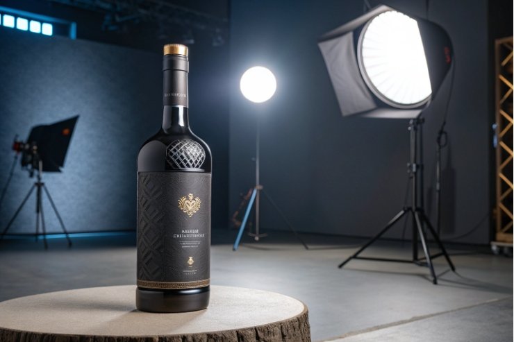 Premium wine bottle photographed in studio with softbox lighting and dark backdrop