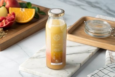Single juice glass bottle with premium label on marble board beside fresh citrus fruit