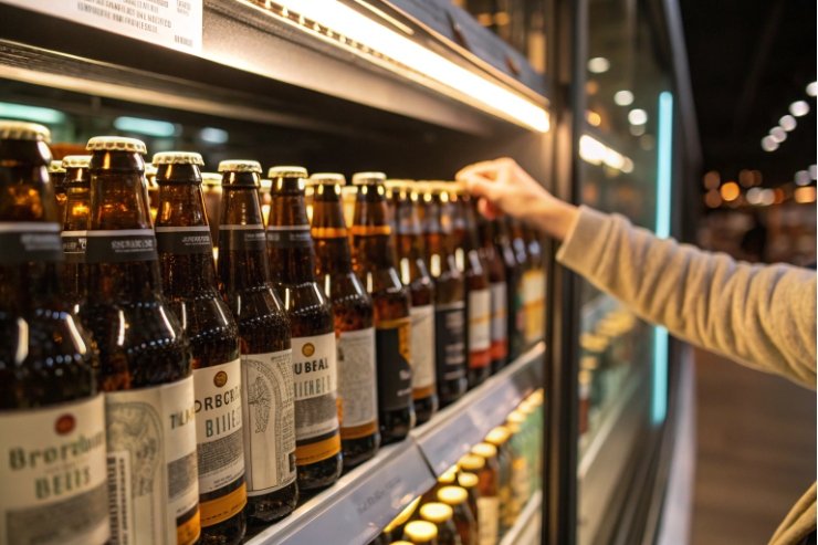 Customer hand selecting craft beer glass bottles from chilled fridge aisle.
