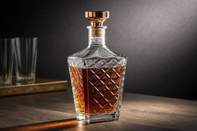 Cut-glass decanter style whisky bottle with geometric pattern and gold stopper on table