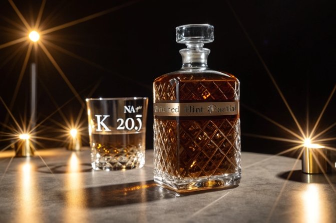 Premium spirits decanter and tasting glass highlighting K2O-enriched flint glass clarity.