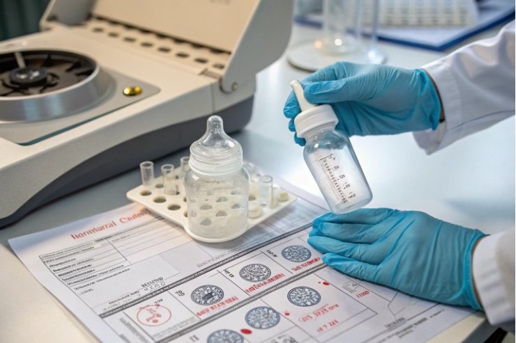 Quality control technician testing baby bottle measurements in laboratory with documentation sheets