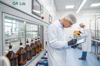 QA lab technician checking amber glass bottles and documenting inspection results