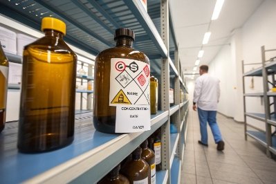 Amber chemical bottles on storage shelf in laboratory corridor with safety labeling