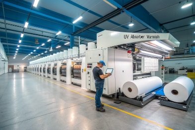 Industrial coating line applying UV absorber varnish to film rolls in packaging plant