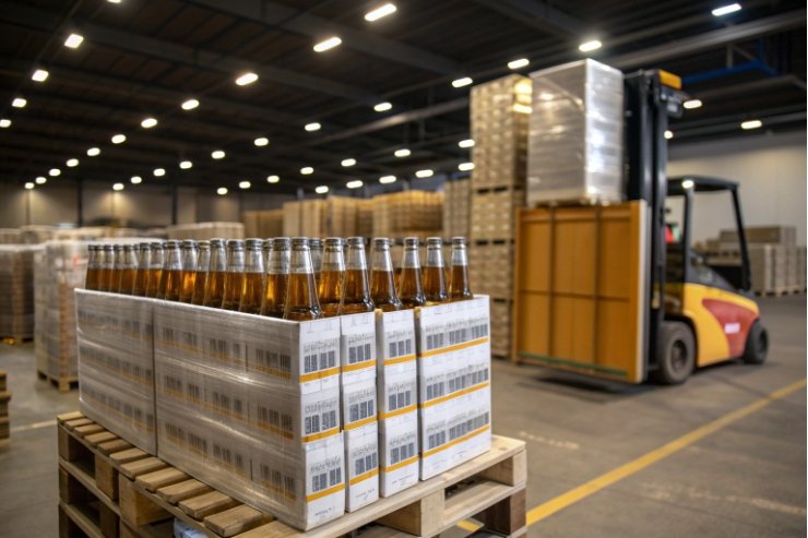Pallet of boxed beer bottles in warehouse with forklift handling logistics