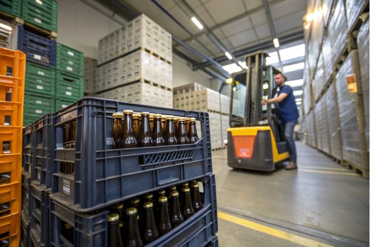 Forklift moving crates of bottled beverages in warehouse distribution center