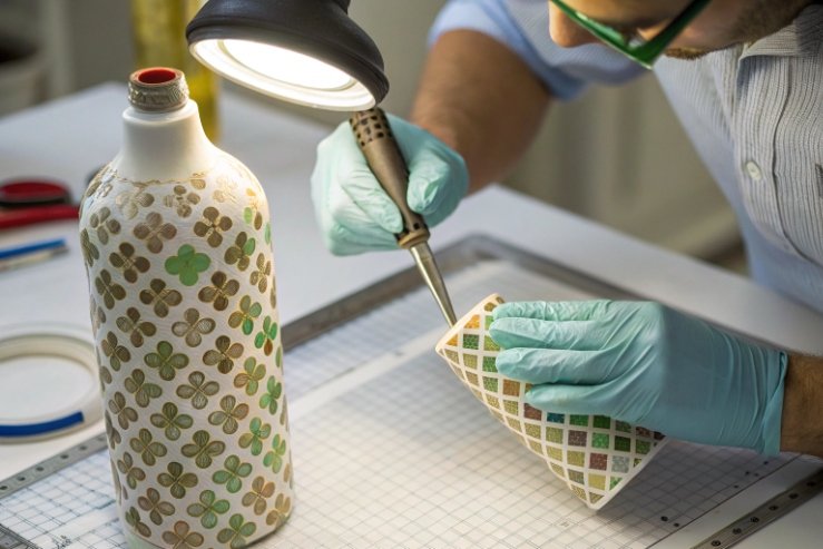 Technician hand-decorating ceramic bottle with precision tool under lamp