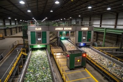 Glass recycling sorting facility separating clear amber brown and green bottles on conveyors