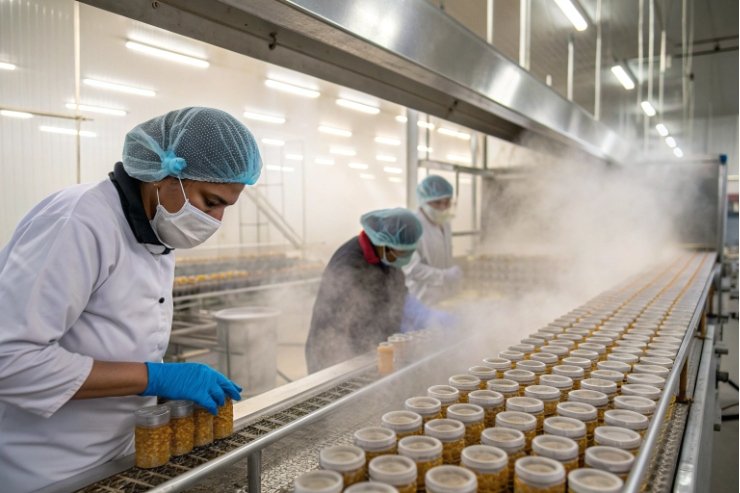 Workers handling small glass jars on hot processing conveyor in food factory