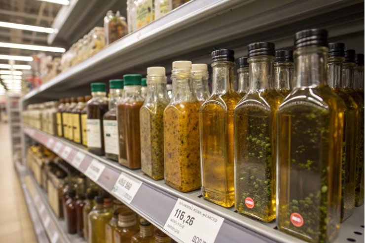 Assorted glass condiment bottles displayed on supermarket shelf with pricing labels.