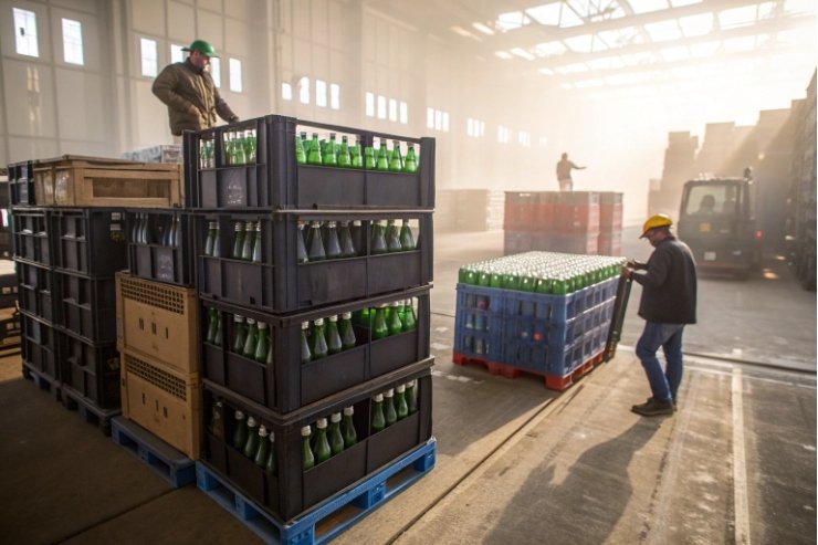 Warehouse workers handling crates of green glass bottles for bulk distribution and logistics