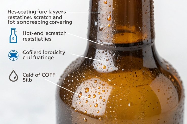 Close-up amber bottle with condensation, illustrating hot-end and cold-end coating protection