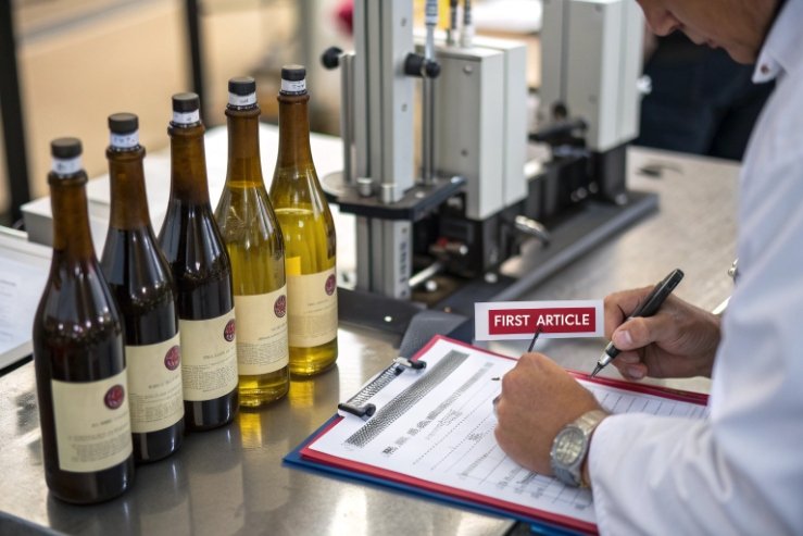 Inspector completing first article checklist beside wine bottles during quality control