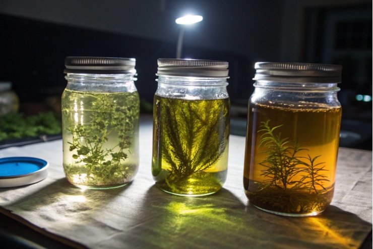 Herb-infused liquids in mason jars under light, showing homemade storage and fermentation.