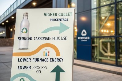 Recycling sign showing higher cullet percentage for lower furnace energy and reduced CO2