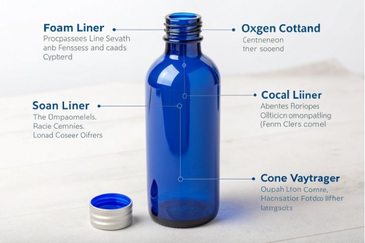 Cobalt blue glass bottle infographic highlighting liner options and oxygen protection features
