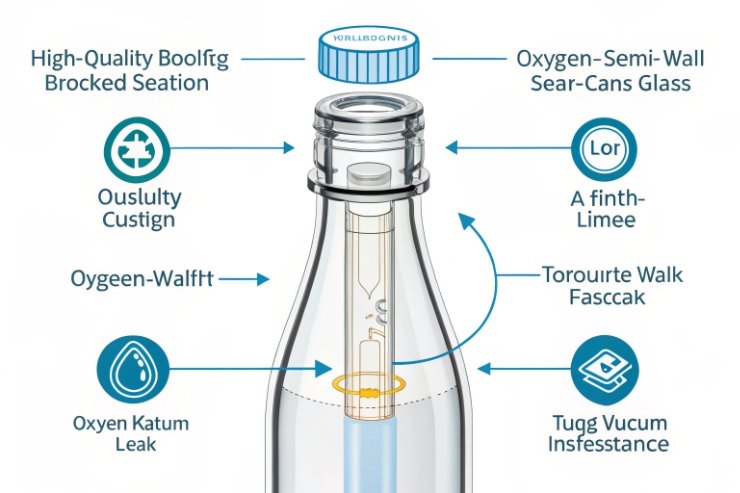 Diagram of airtight glass bottle closure showing oxygen barrier seal and leak-proof cap