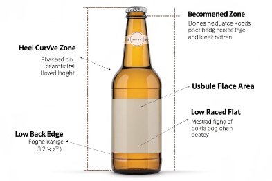 Amber beer bottle diagram showing label zones, heel curve, and low back edge