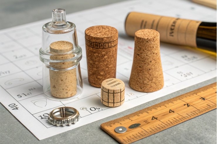 Wine corks and bottle closures on packaging design plan with ruler and sample bottle