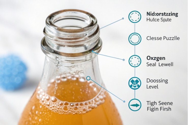 Close-up of glass bottle mouth with tamper ring and seal features diagram.