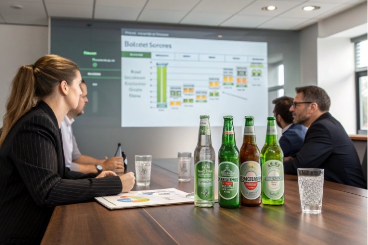 Team meeting reviewing bottled beer samples with presentation screen in conference room